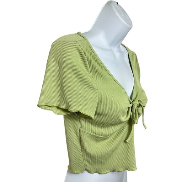 Shein Green Ribbed Crop Blouse Sz Large V-Neck Short Sleeve Top Retro Stretch - Picture 3 of 5